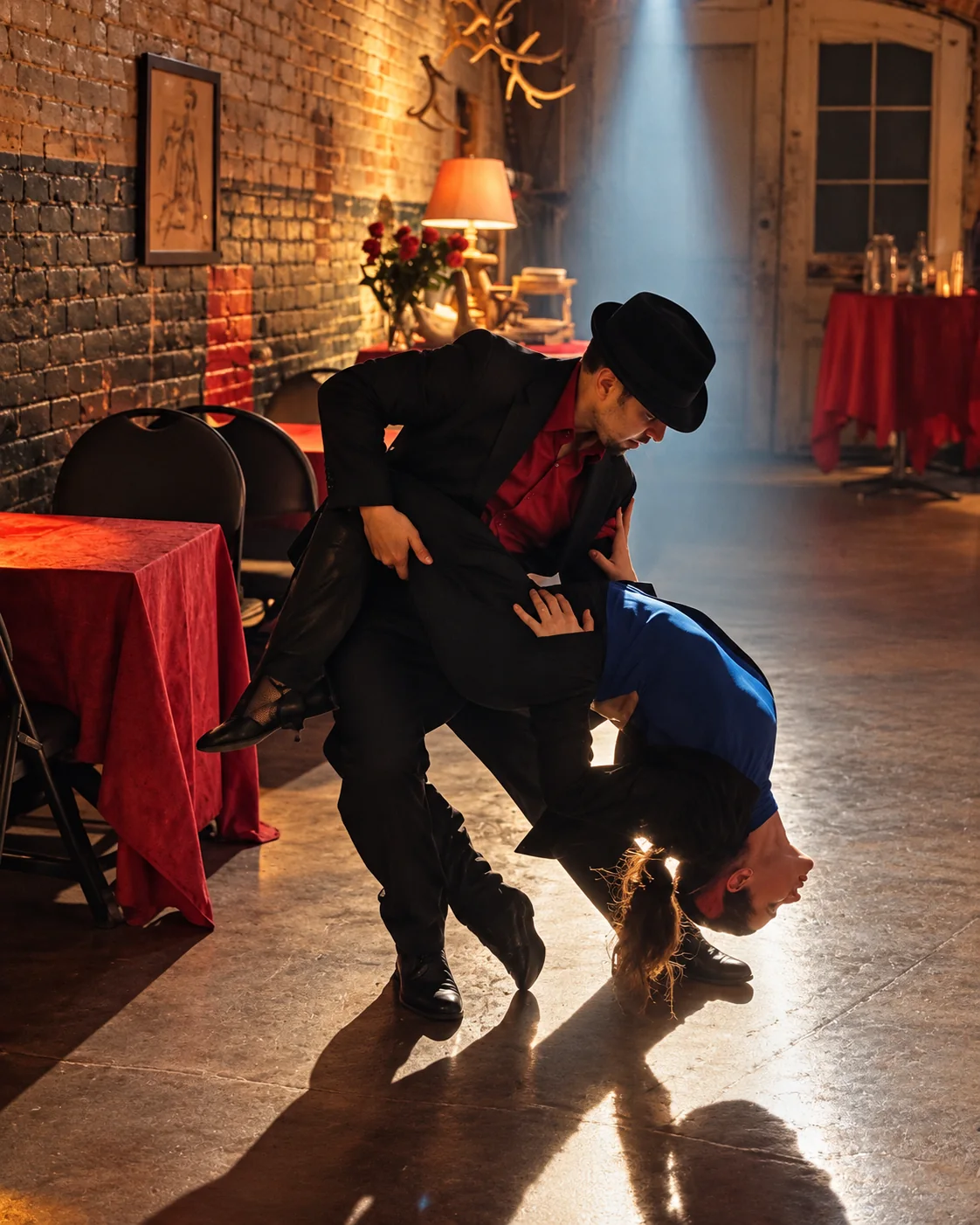 Daniel supporting his partner in a deep tango dip beneath a spotlight in an intimate brick-walled venue.